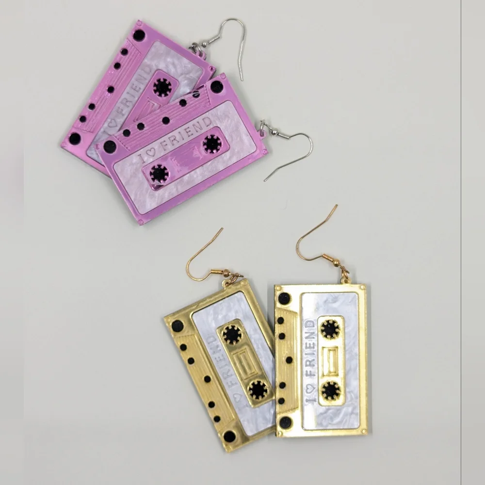 Hot Pink & Neon Acrylic "I ❤️ Friends" Cassette Tape Earrings (Set) - Picture 2 of 4